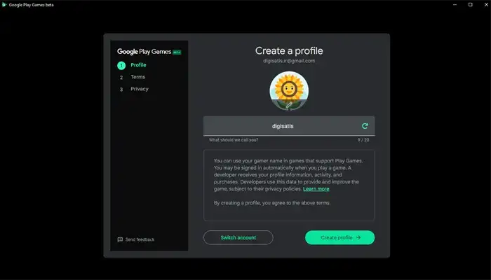 ساخت پروفایل در google play games با کامپیوتر