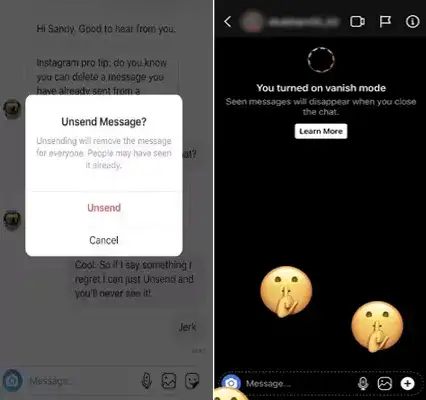 تفاوت Unsend در مقابل حالت Vanish Mode در اینستاگرام