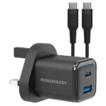 آداپتور شارژ 2 پورت 35 وات با کابل دو سر تایپ سی پاورولوژی Powerology Super Compact Quick Charger PWCUQC023-C