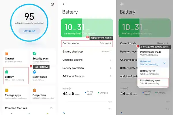فعالسازی حالت صرفهجویی(battery saver)افزایش شارژدهی گوشی شیائومی